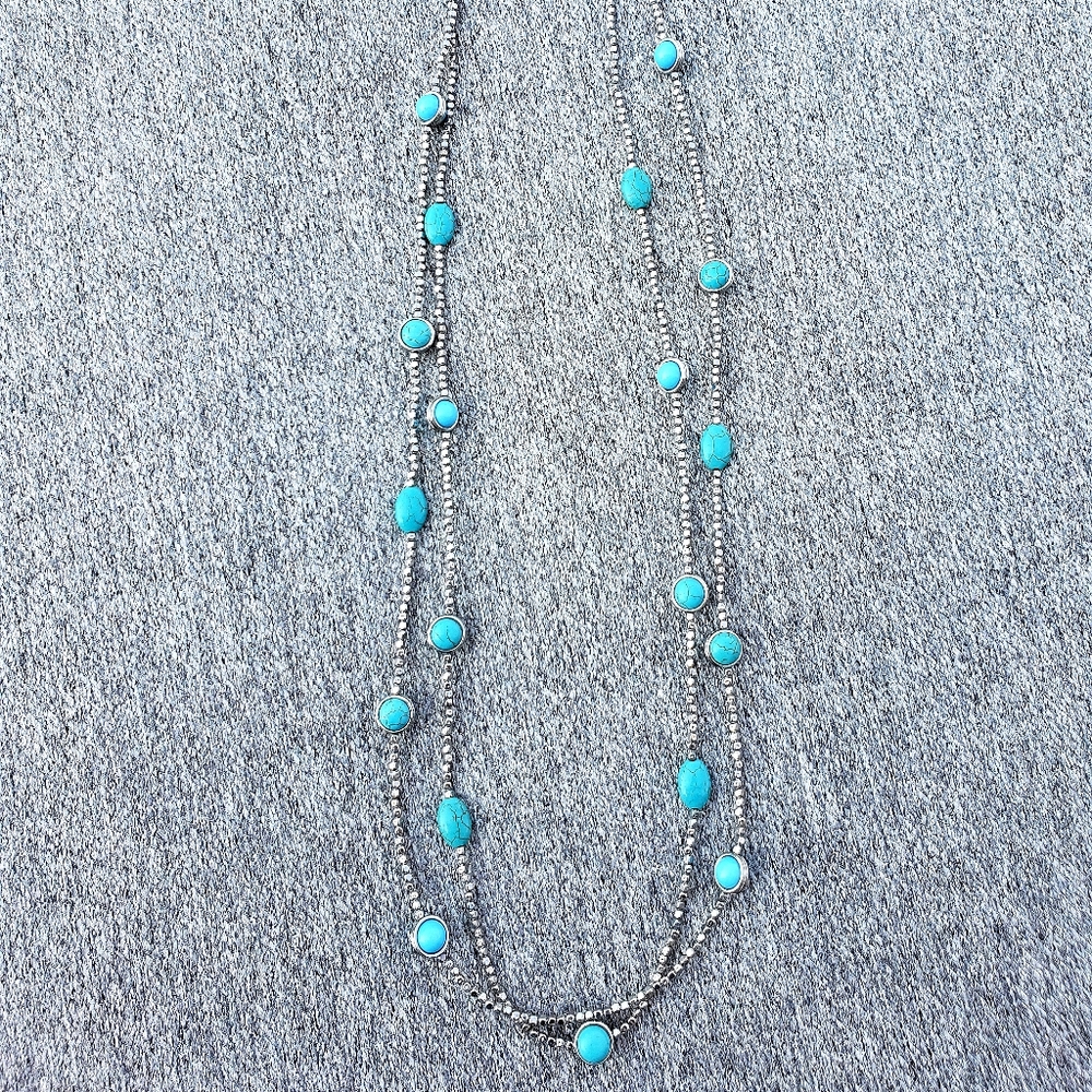 Chico's Statement Necklace Double Strained with Turquoise colored beads.